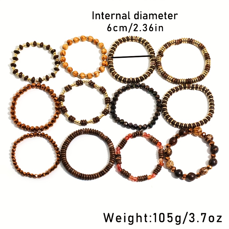 12pc Vintage Brown Layered Bead Bracelet Set